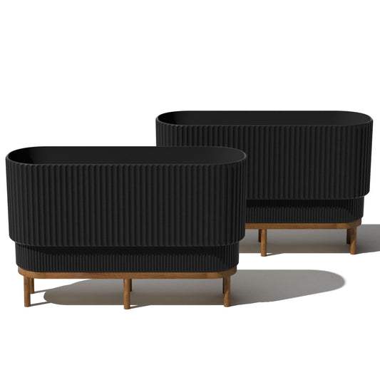 Veradek Demi Series Raised Long Planter for Indoor/Outdoor Use | Made from Plastic & Stone w/Wooden Stand | Modern Patio Décor for Flowers/Shrubs