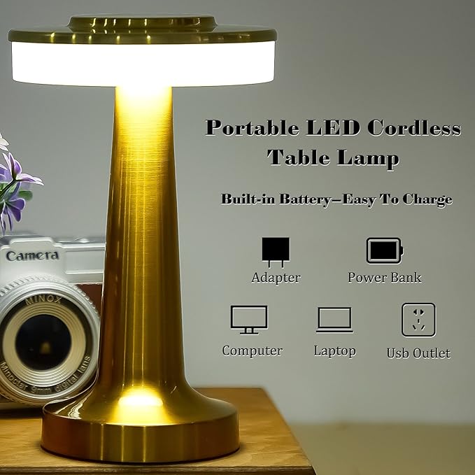 Riakrum Set of 2 LED Portable Cordless Table Lamp with Touch Sensor 3 Color Stepless Dimming Rechargeable Battery up to 15 Hours Cordless Table Light Wireless Lamp for Nursery (Gold,2 Pcs)