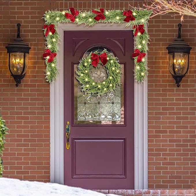 26 Inch Christmas Wreaths for Front Door with Lights,Lighted Norfolk Pine Door Wreath,Prelit Real Touch Artificial Green Winter Wreath with Large Burgundy Velvet Bow for Indoor Outdoor Decor