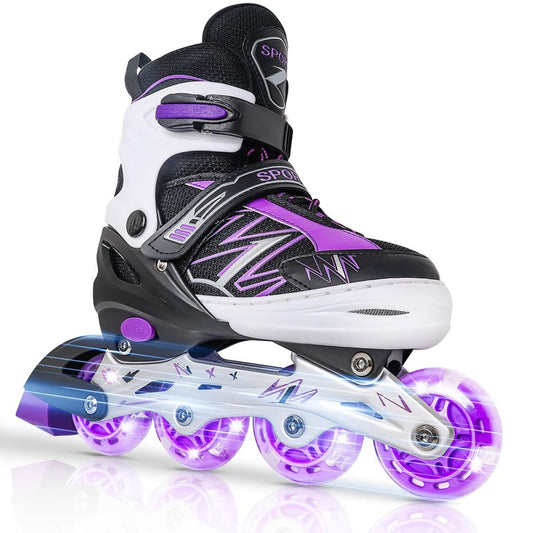 LEJIJIT Adjustable Kids Inline Skates for Girls Boys Children Beginners, Black & Purple Inline Skates with Light Up Wheels for Kids and Youth for Indoor Outdoor Sports (Medium)