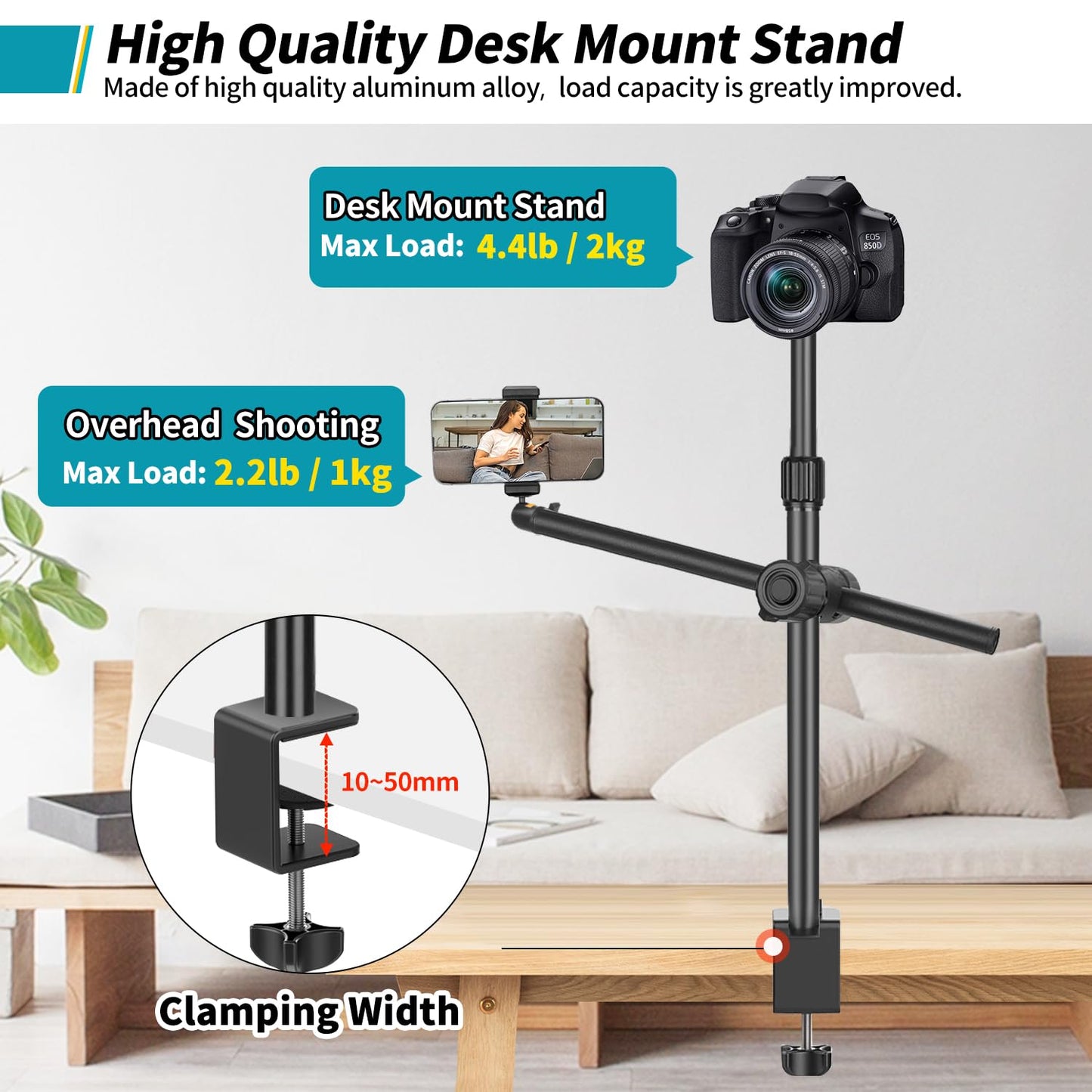 Overhead Camera Mount Desk Stand, Camera Arm Desk Mount Clamp Stand with 360°Adjustable Magic Arm, Webcam Arm Mount Stand w Ballhead Phone Mount for Desk Logitech Microphone Video Light Cell Phone