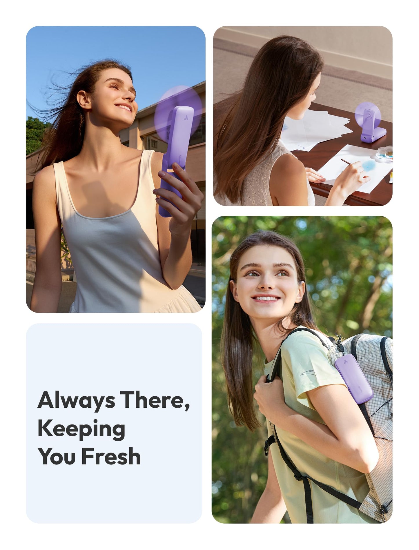 Aecooly Slim Portable Fan, Thin Handheld Fan, USB Rechargeable Mini Personal [24H Max Cooling Time], Battery Powered Small Foldable Pocket for Travel, Summer, Gifts for Women, Girls -Purple