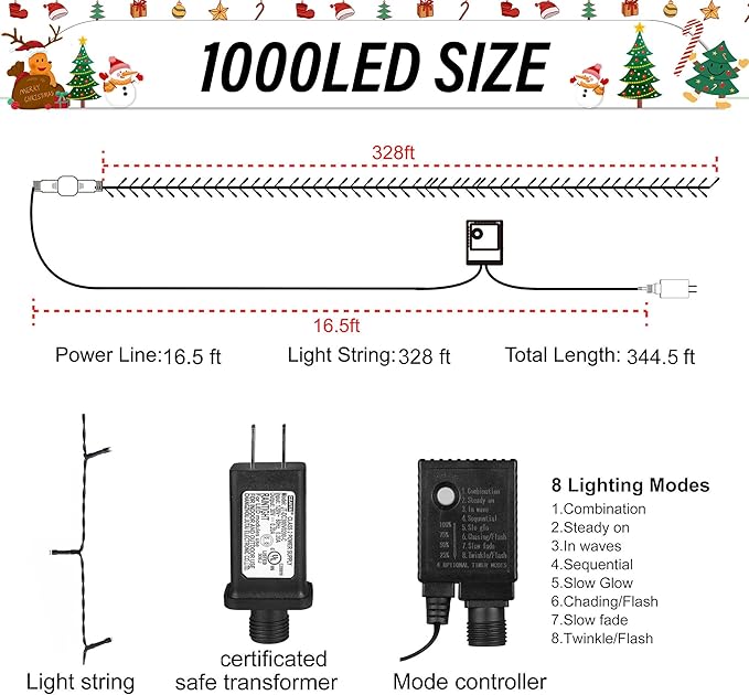 Weillsnow 328 FT 1000 LED Christmas String Lights with Remote & Timer, 8 Lighting Modes Twinkle Lights, Waterproof Fairy Lights For Outdoor Bedroom Backyard Tree Wall Christmas Decoration (Multicolor)
