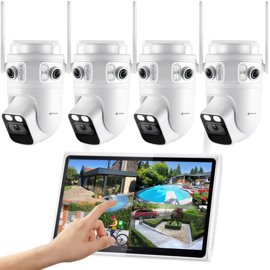 Kittyhok Wireless Home Security Camera System Outdoor, 10" Touchscreen NVR with 500GB HDD, Tri Lens 2K Camera, Auto Tracking, Color Night Vision, 10CH, No Monthly Fee Local Record for Yard Business