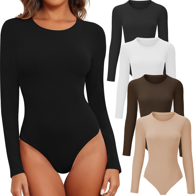 BALENNZ Long Sleeve Bodysuits Pack Brown Long Sleeve Bodysuit Round Neck Black Bodysuit Pack Fall White Body Suit Womens Bodysuit Tops 4BS