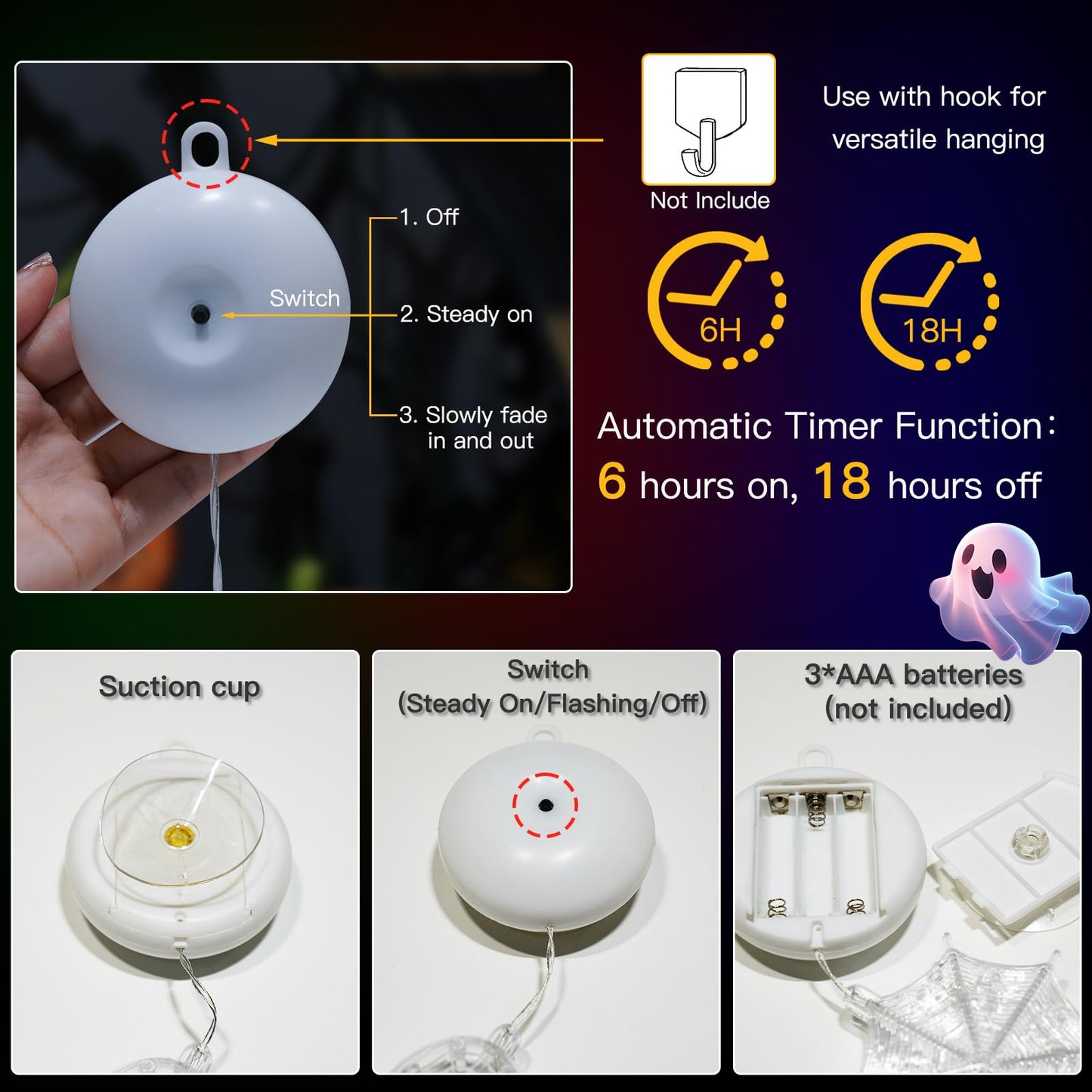 suddus 3 Pack Halloween Lights Battery Operated with Timer, Orange Pumpkin Violet Spider Green Witch Hat Halloween Window Lights with Suction Cup for Home Indoor Party Decor