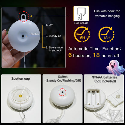 suddus 3 Pack Halloween Lights Battery Operated with Timer, Orange Pumpkin Violet Spider Green Witch Hat Halloween Window Lights with Suction Cup for Home Indoor Party Decor