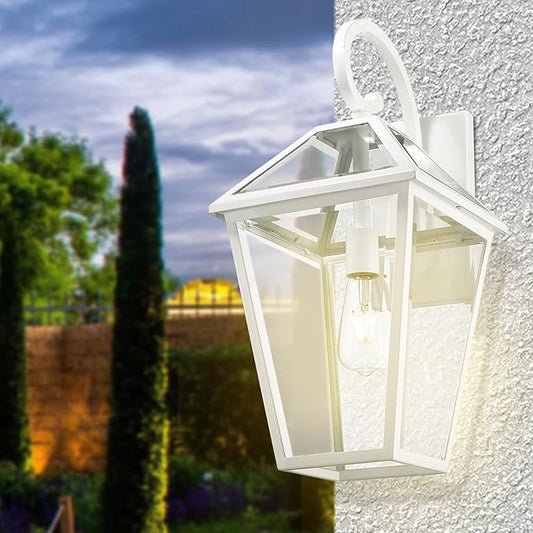 Outdoor Light Fixtures Wall Mount, Waterproof Exterior Wall Lanterns with Glass, Outside Wall Sconces, Front Porch Lights for House Garage Doorway Patio (White, Clear Glass)
