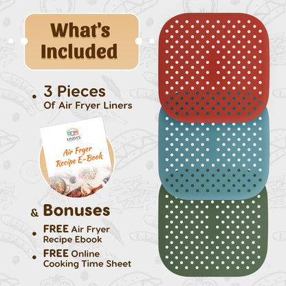 Reusable Square Silicone Air Fryer Liners (8.5 Inch, 3 Pack) by Linda’s Essentials - Non-Stick, Easy-Clean Accessories with Cheat Sheet & Recipe Book, Perfect for Quick Meals