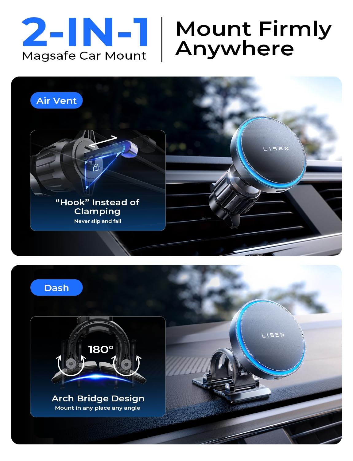 LISEN for Magsafe Car Mount Charger [15W Top Charge] Magnetic Car Phone Holder for iPhone 17 Pro Max Wireless Charger Magsafe Phone Holder For iPhone 17 Pro Max Air 16 15 14 13 12 Magsafe Accessories