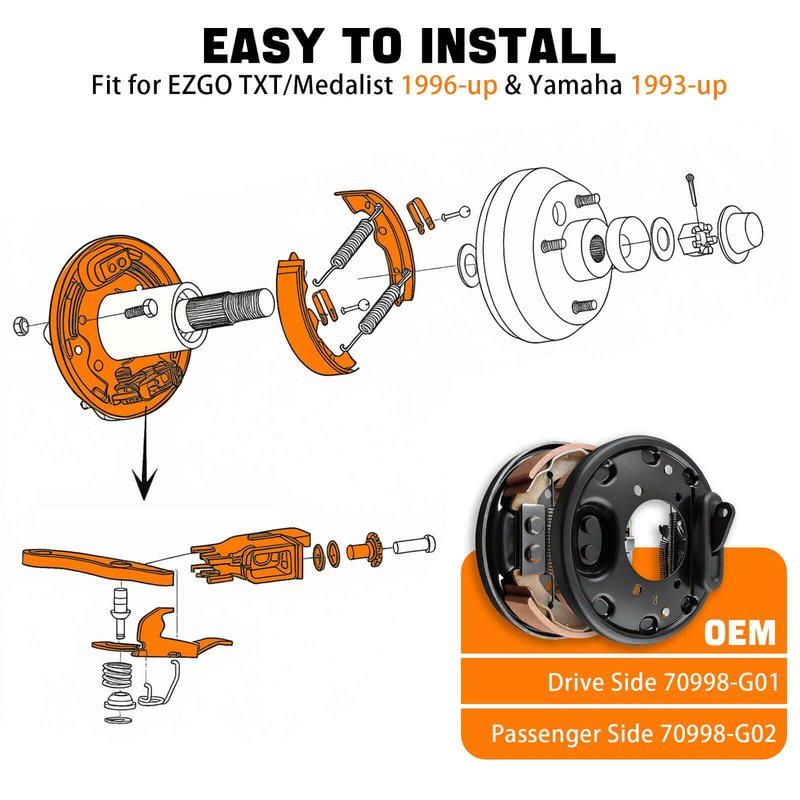 Golf Cart Brake Assembly Rear for EZGO TXT PDS Medalist and Yamaha Golf Carts G14 G16 G19 G20 G21 G22 Driver Side and Passenger Side, Includes Brake Shoes, OEM# 70998-G01 70998-G02 JN6-F7290-03-00