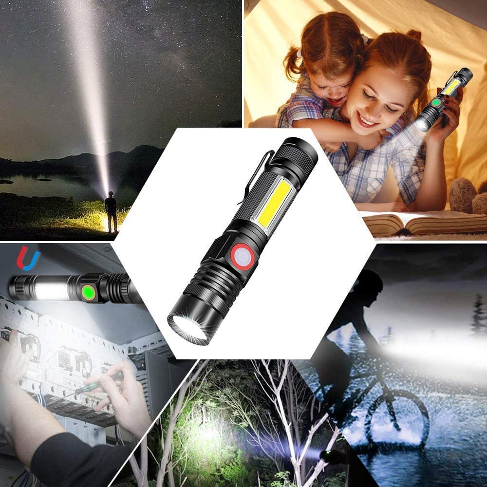 Hoxida Flashlight USB Rechargeable, Magnetic LED Flashlight, Super Bright LED Tactical Flashlight with Cob Sidelight, Waterproof, Zoomable Best Small LED Flashlight for Camping, Emergency Flashlights