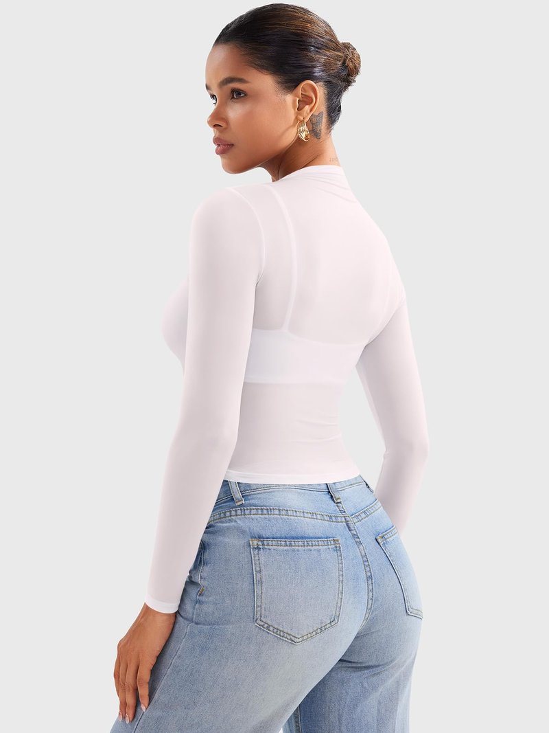 YEOREO Womens Sheer Tops Long Sleeve See Through Tops Mock Neck Slim Fit Workout Shirt Jamy Going Out Sexy Shirts White M