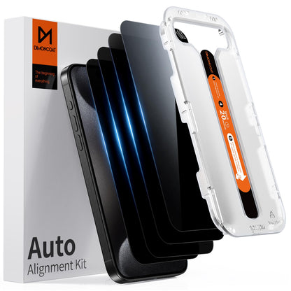 DIMONCOAT 4-PACK TOP 9H+ Glass for iPhone 15 Pro Privacy Screen Protector [Auto Alignment Kit] [10X Military Protection] UNBREAK Tempered Glass Film for iPhone 15 Pro 6.1 inch [Case Friendly]
