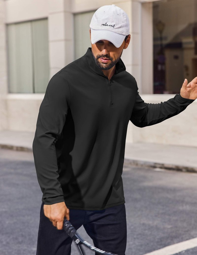 COOFANDY Mens Quarter Zip Pullover Athletic Shirt Long Sleeve Sun Protection Shirt Golf Zip Up Lightweight T Shirts for Man Black