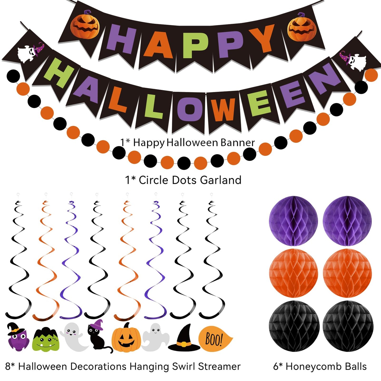 meowtastic Happy Halloween Banner Decorations - Halloween Banner with Honeycomb Ball, Hanging Swirl Streamer, Circle Dot Garland Decorations for theme Party Decorations