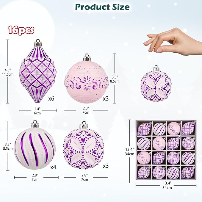 16PCS Shatterproof Christmas Ball Ornaments Set, Hand-Painted Holiday Decor with Assorted Sizes & Designs for Christmas Tree Thanksgiving Party Decoration, Purple-White