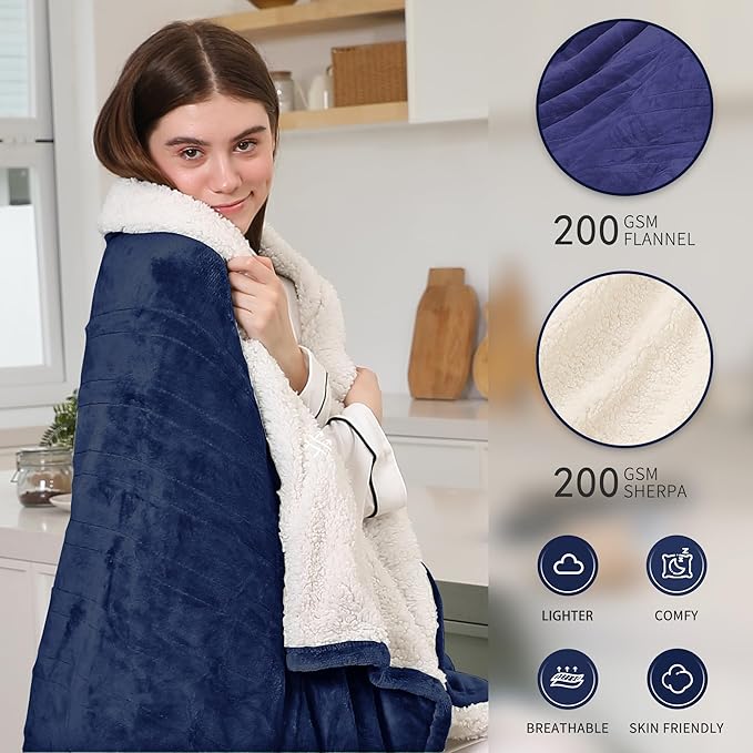 Electric Blanket Throw, Fast Heating Blanket with Overheat Protection, Heated Sherpa Blanket with 5 Heating Levels & 4 Hours Auto Off for Couch Office Use, Ideal Gift, 50"x60", Navy Blue