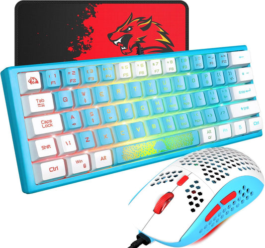 60% Gaming Keyboard and Mouse Combo Duble Color Keycaps Samll RGB Backlight Mechanical Feeling and Mechanical RGB 6400 DPI Honeycomb Optical Mouse,Gaming Mouse pad for Gamers and Typists
