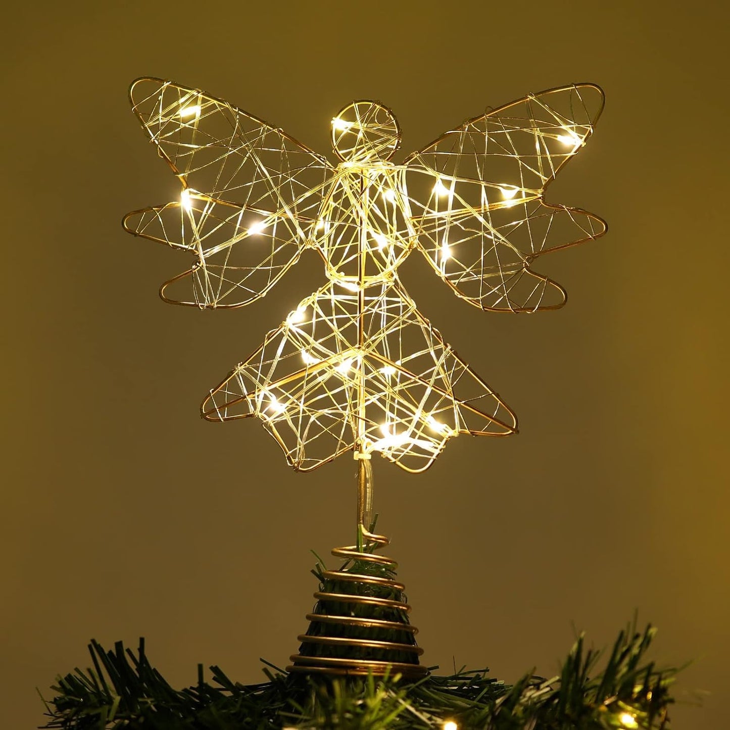 Roylvan Christmas Tree Topper Angel, USB-Powered Christmas Tree Light with Remote & 6H Timer, 3D Hollowed Angel Decoration for Xmas Trees Home Decor Outdoor Party, 9.8 Inch (H), Gold