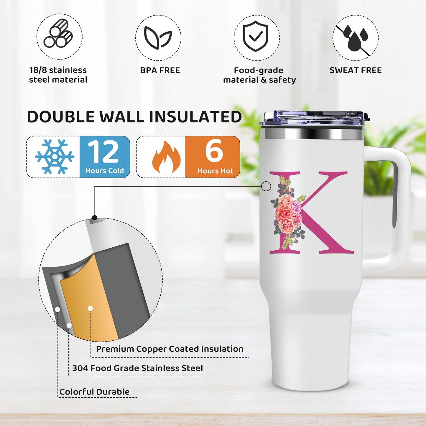 AiHeart 40oz Initial Tumbler,Personalized Gift for Women,Sister,Wife,Best Friend,Monogrammed Gifts for Birthday, Christmas,Custom Tumbler,Cute Tumblers with Straws-K