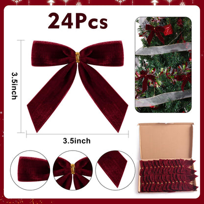 Utehilly 24 Pcs Burgundy Small Velvet Christmas Bows for Christmas Tree, Wreath, Gift Wrapping, Crafts, Wedding, Party, Twist Tie Bows for Treat Bag Bakery Candy Bags, Home Decor 1" W,3.5 x 3.5 inch