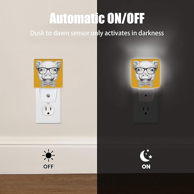 Pig with Glasses Night Light, Bow Tie Plug into Wall with Dusk to Dawn Light Sensors, Warm Nightlights for Bedroom, Bathroom, Hallway, Kitchen, Gifts Ideal for Boys Girls Women Men