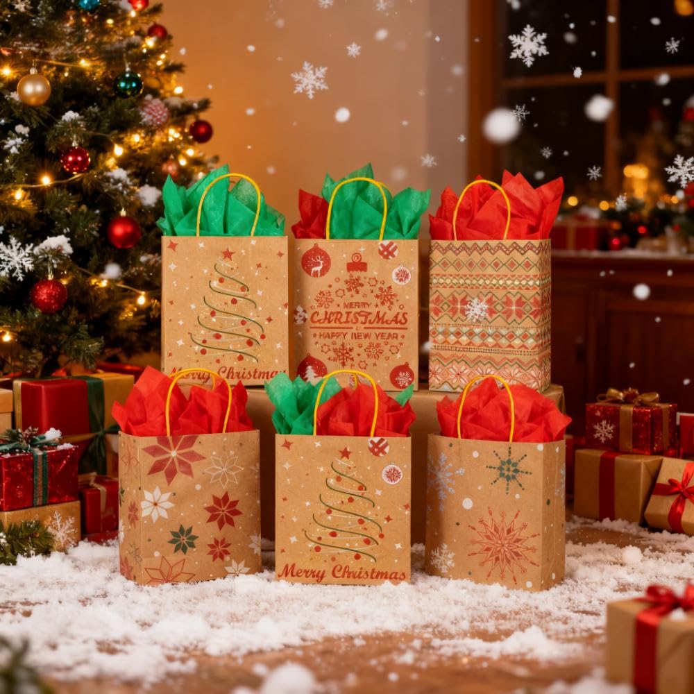 24 Christmas Kraft Gift Bags with 24 Tissue Papers, 7 x 8.6 x 3 Holiday Goody Bags with Handles, Xmas Treat Bags for Party Favors, Classroom Exchange, Present Wrapping