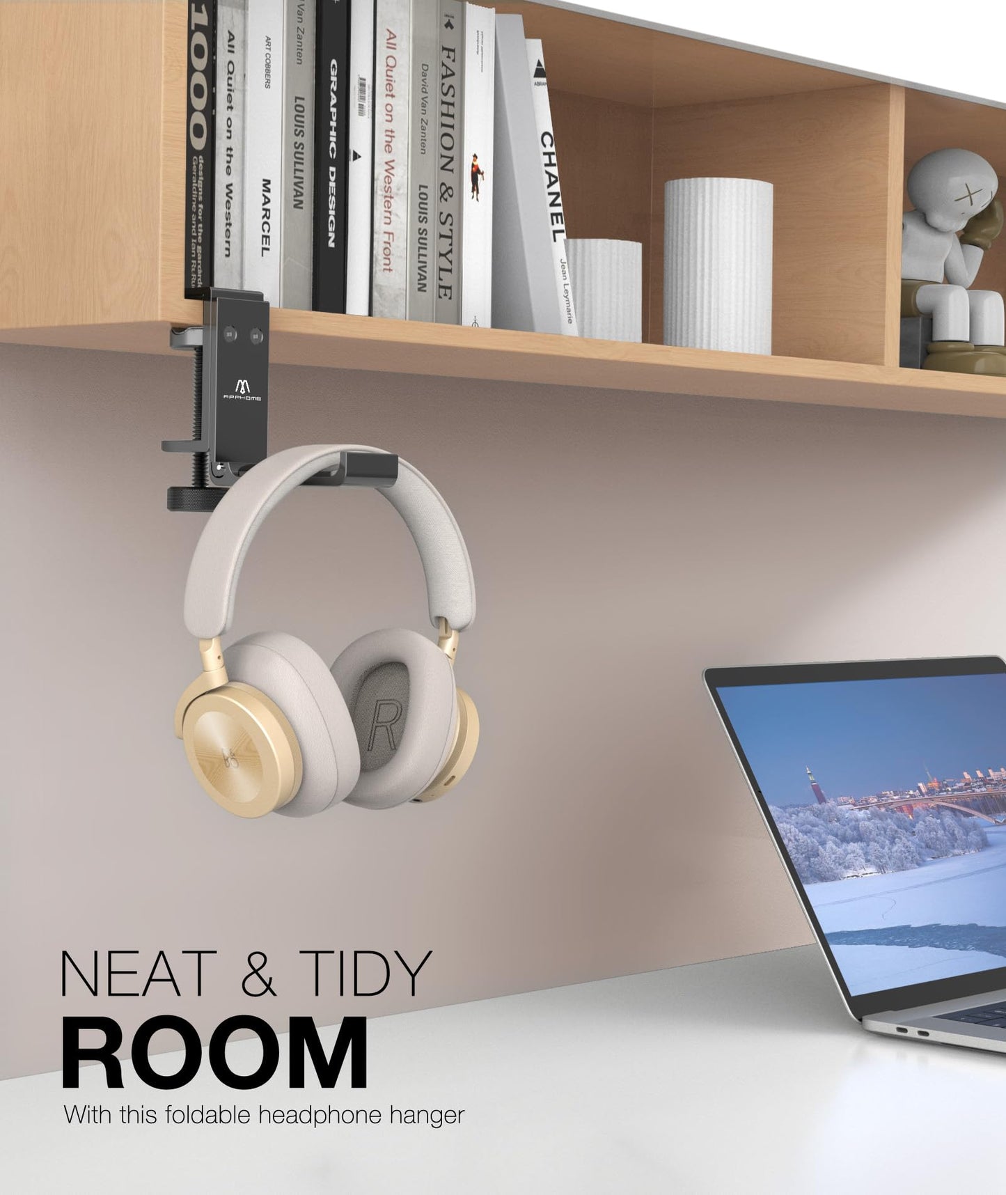 APPHOME New Foldable Headphone Stand Hanger Holder Aluminum Headset Soundbar Stand Clamp Hook Under Desk Space Save Mount, Universal Fit Gaming Headphones, Black