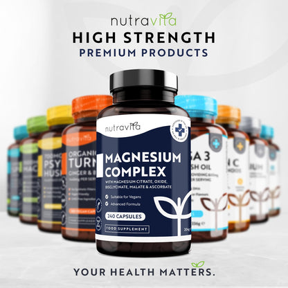 Magnesium Supplements 5-in-1 Complex 1146mg - 240 Vegan High Strength Capsules - 400mg Elemental Magnesium - Bis Glycinate, Citrate, Malate, Oxide, Ascorbate - Muscle Support & Sleep Aid - Nutravita