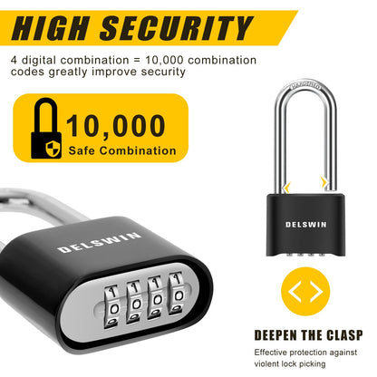 DELSWIN Combination Lock Outdoor Padlock - Weatherproof Extended 2-1/2 in. Long Shackle Combination Padlock for Gate, Shed, Trailers, and Sports Lockers(Black,2Pcs)
