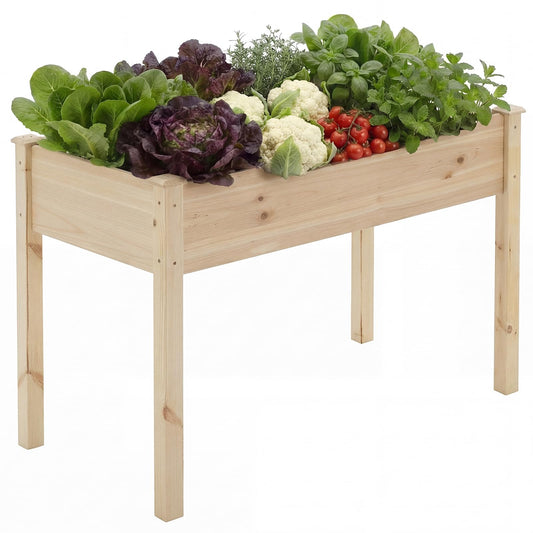 DUMOS Raised Garden Bed with Legs, 34x18x30 Inch Planter Box Outdoor with Liner for Herbs Flowers Vegetables, Elevated Wooden Garden Bed for Patio, Balcony and Backyard, Natural Wood