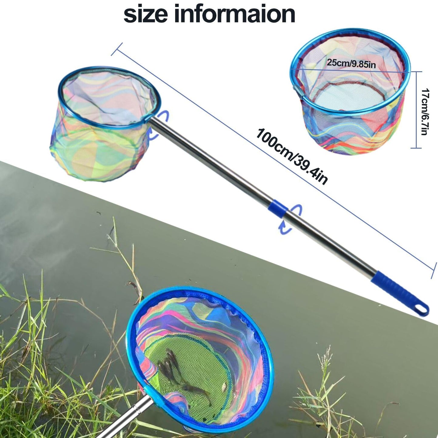 LPEIEB Fishing Net 2-Piece Set Heavy-Duty Landing Net Stainless Steel Handle Fishing Net for Catching and Releasing Fish, Shrimp, and Frogs