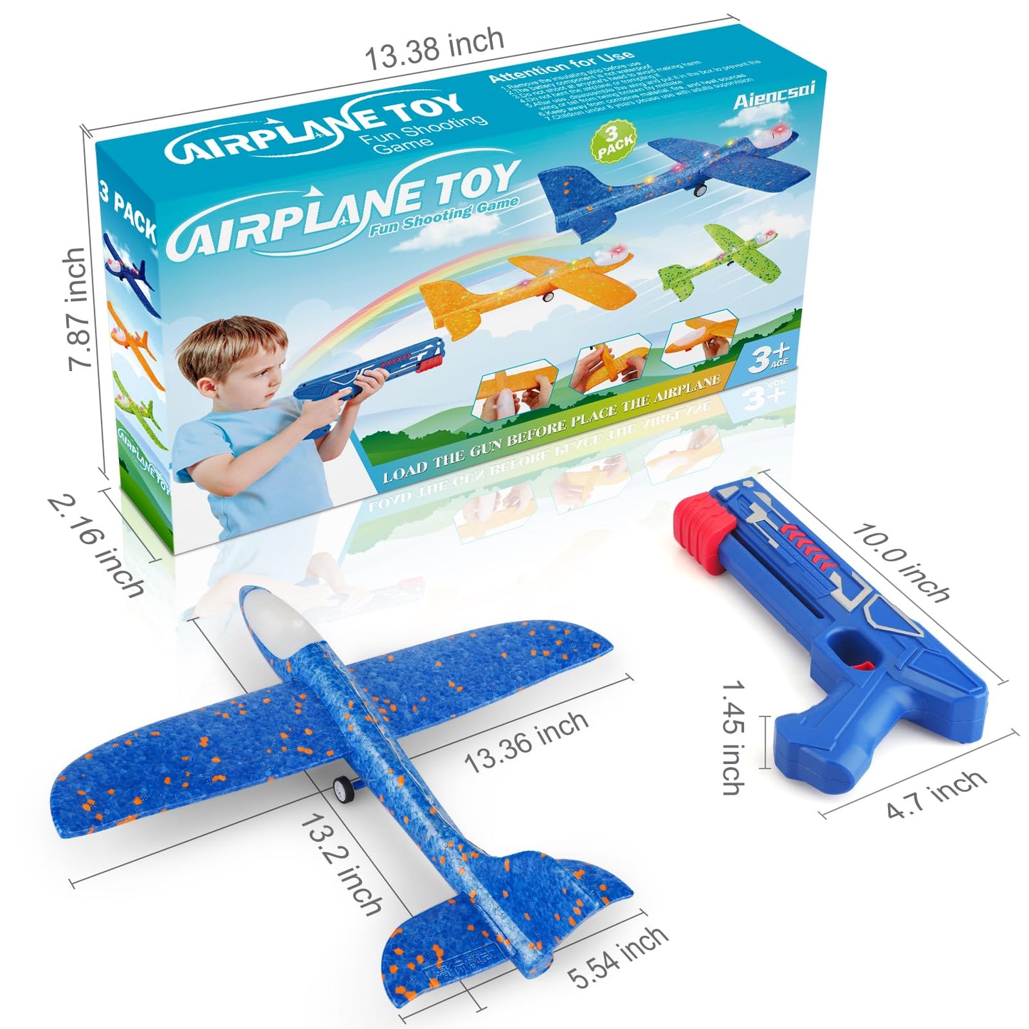 3 Pack Airplane Launcher Toy, 12.6" Foam Glider Led Plane, 2 Flight Mode Catapult Plane for Kids Outdoor Sport Flying Toys Gifts for 3 4 5 6 7 8 9 10 12 Year Old Boys Girls