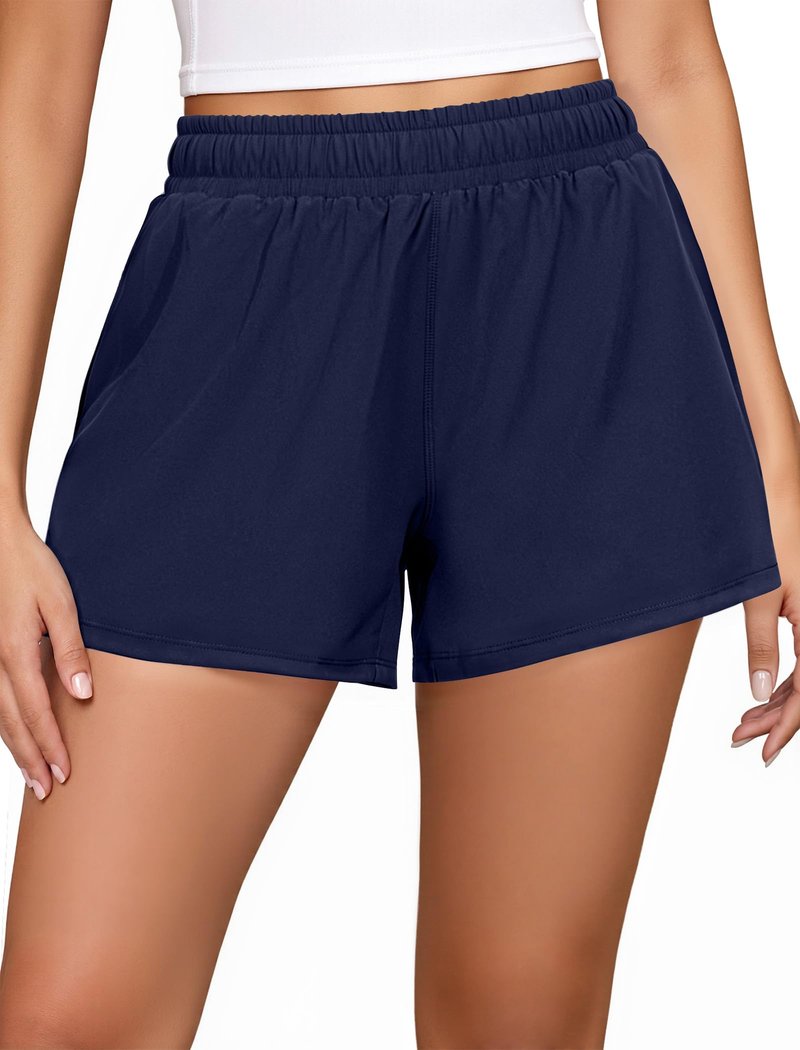 FireSwan Athletic Shorts for Women 2 in 1 High Waisted Quick Dry Running Workout Gym Active with Pockets Navy Blue Medium