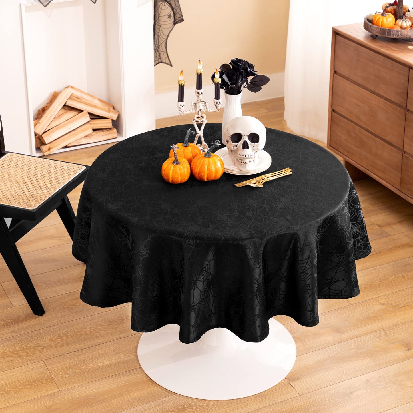 joybest Halloween Round Tablecloth - 60 Inch Black Spider Web Table Cloth Spillproof Fabric Table Cover for Dining Party, Halloween Decorations