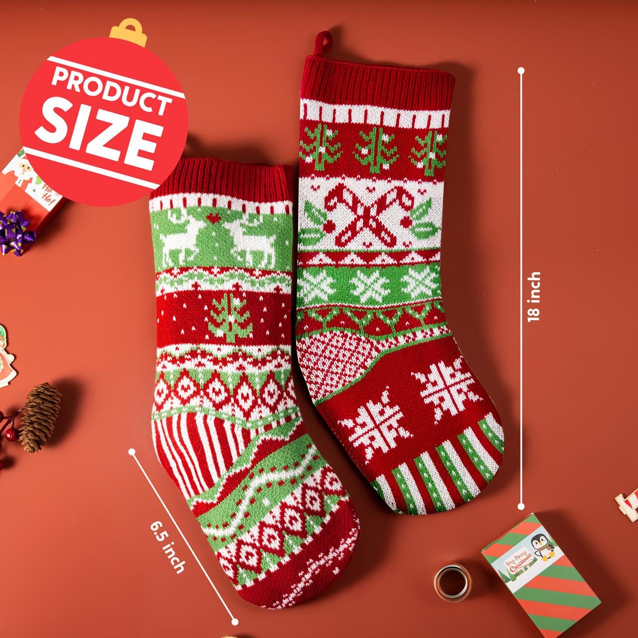 JOYIN 3 Pack 18” Christmas Stockings, Large Size Rustic Cable Knit Xmas Stocking in Red & Green, for Family Holiday Season Decorations