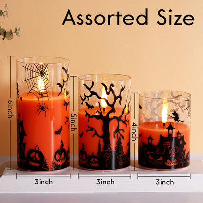 Eywamage Orange Halloween Glass Flameless Candles with Remote, Real Wax Flickering LED Pillar Candles Set of 3
