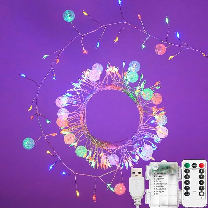Copper Wire Firecracker Christmas Lights, 6FT 120LED Battery Operated Twinkle Cluster Fairy Lights for Christmas Tree with Remote for Bedroom Dorm Wreath DIY Wedding Christmas Decoration