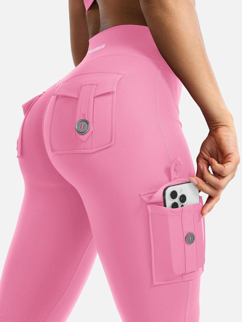 YEOREO CoreFlex Women Workout Flare Leggings with Pockets Hidden Scrunch High Waisted Cargo Gym Yoga No Front Seam Leggings Pink XL