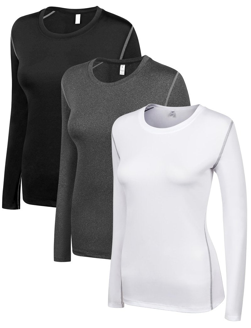 WANAYOU White Compression Shirts Woman Long Sleeve Dry Fit Long Sleeve Workout Tops for Women White Running Athletic Shirt Undershirt Moisture Wiking Base Layer Gym Hiking 3 Pack M