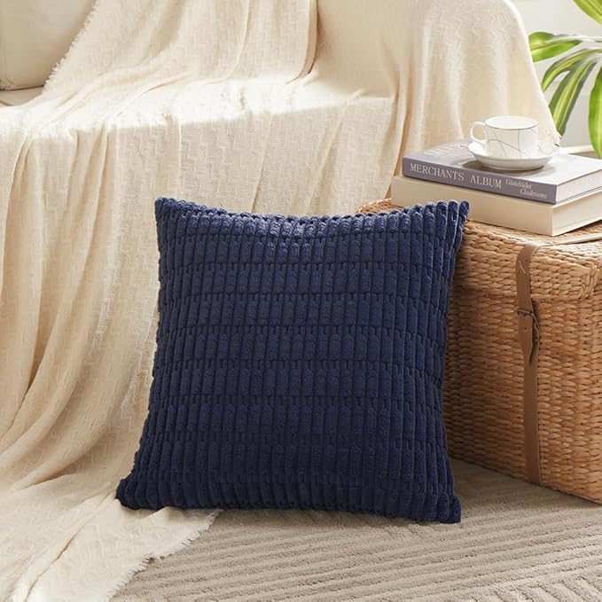 Fancy Homi Navy Blue Decorative Throw Pillow Covers 18x18 Inch for Living Room Couch Bed Sofa, Soft Corduroy Square Cushion Case 45x45 cm, Rustic Modern Farmhouse Boho Home Decor