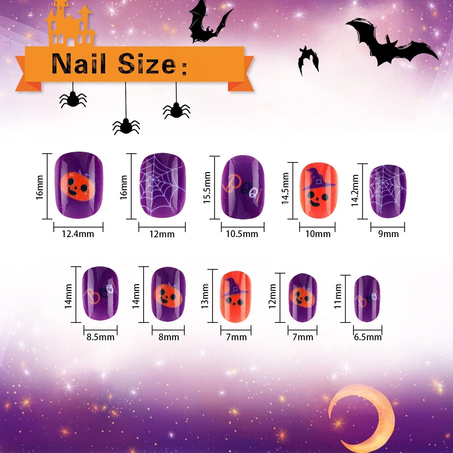 JANYUN 96 Pcs Kids False Nail Full Cover Short Fake Nails Children Nail Tips for Kids Little Girls Lovely Gift Nail Art Decoration (Halloween Theme)