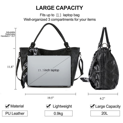 Women Skull Tote Bag Revit Studded Handbag Pu Leather Purse and Wallet Scarf 3Pcs Set