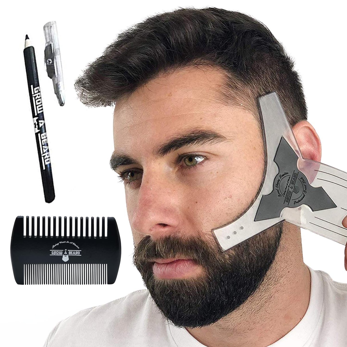 Beard Shaper & Beard Shaping Tool for Men, Beard Lineup Guide Template, Perfect for Styling and Edging, Includes Dual Action Beard Comb & Barber Pencil Liner