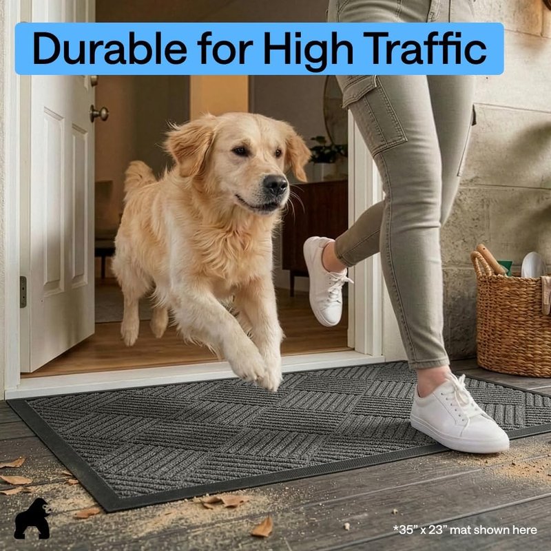 Gorilla Grip Waterproof All-Season Doormat - Natural Rubber, Stain & Fade Resistant | 29x17 Gray Diamond