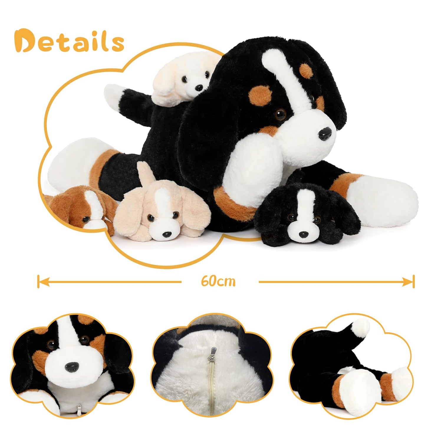 MorisMos Dog Teddy Stuffed Animal, 60cm Cuddly Mommy Dog with 4 Babies Puppy Inside Kawaii Giant Dog Plush Soft Toy Gift for Kids Birthday Valentines Deco
