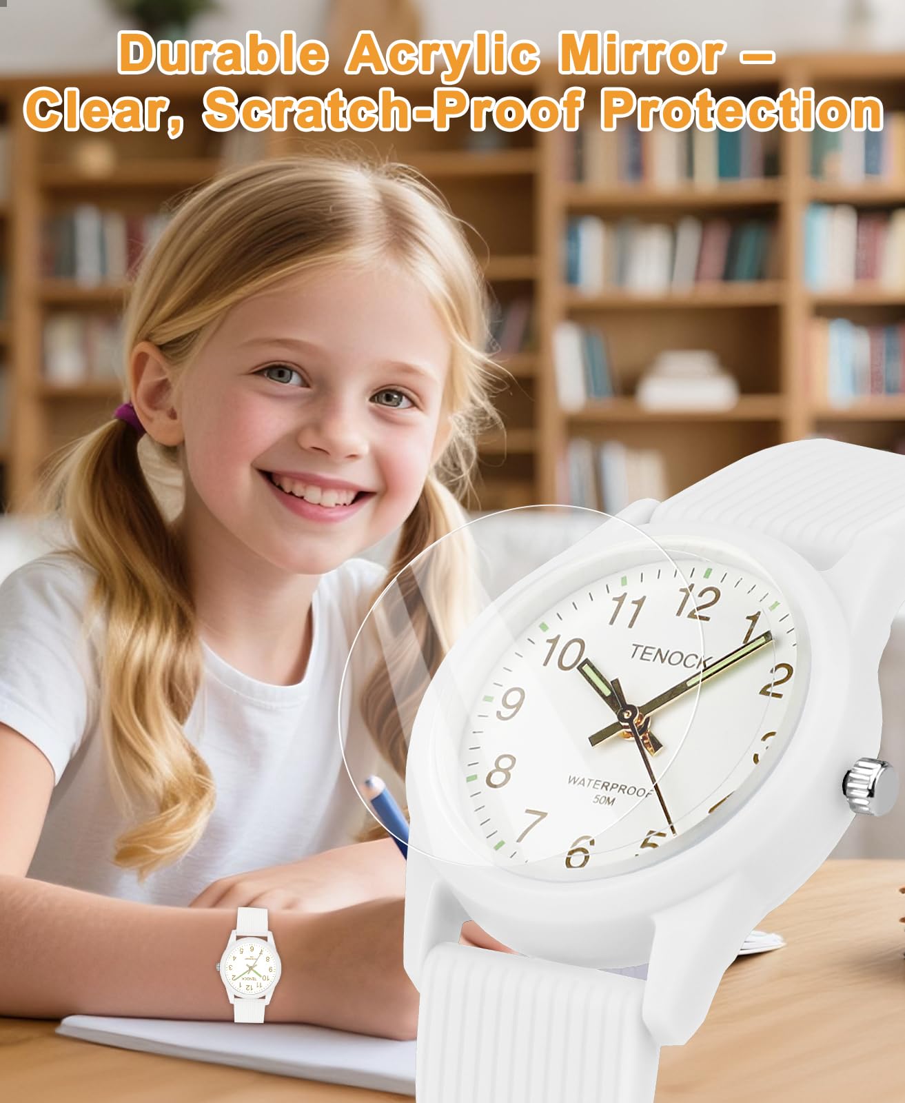 TENOCK Kids Analog Watches for Girls Boys Kids Watches with Soft Band Learning Time 50M Waterproof Children Watch Easy to Read for Ages 3-10 Children Great Birthday Gifts (White)