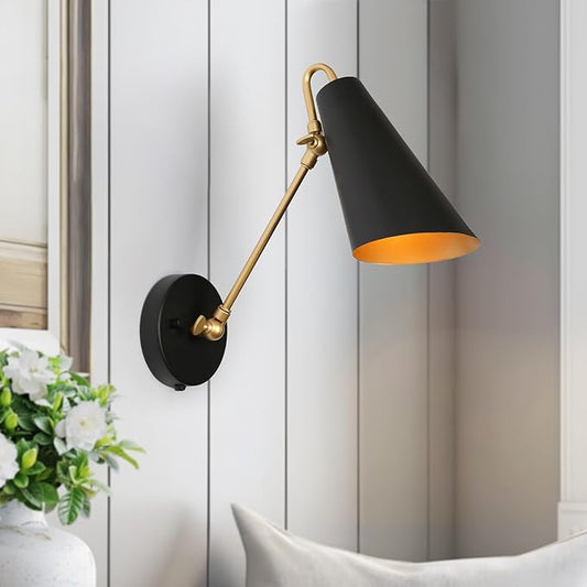 KSANA Swing Arm Wall Lamp, Black and Gold Plug in or Hardwired Wall Sconces, Modern Adjustable Arm Light Fixture with On/Off Switch for Bedroom, Kitchen, Hallway and Living Room