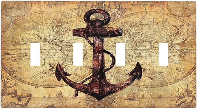 Anchor Nautical Vintage Map 4 Gang Decorative light switch plate Quad Toggle Wall Plate Covers Switchplate Electrical Faceplate for Office Livingroom Home Decor